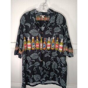 VTG CT Hawaii Fashions Button Up Shirt 2XL Black Short Sleeve Beer Print EUC